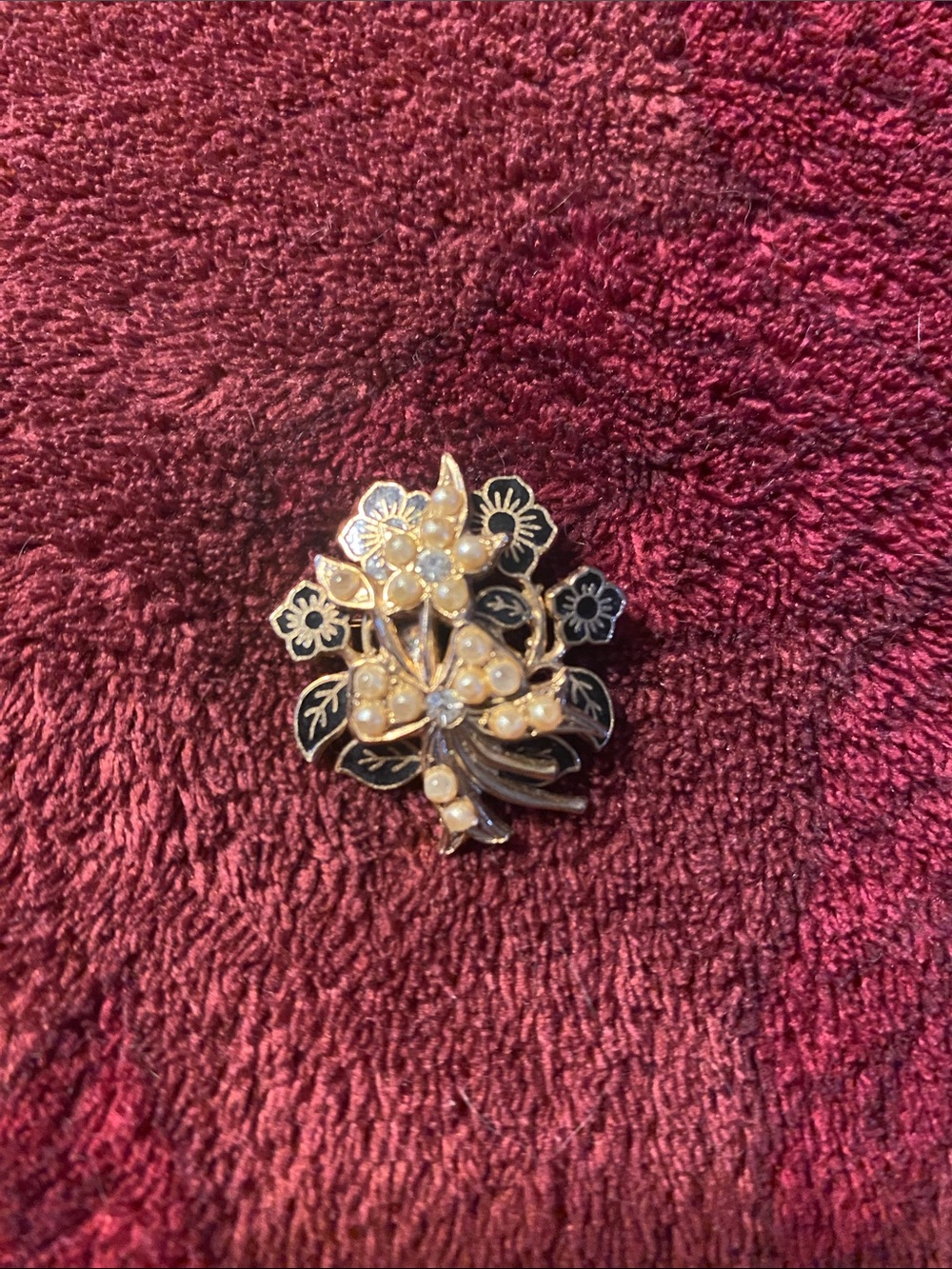 Vintage Black and Gold Floral Brooch with Faux Pearl Accents